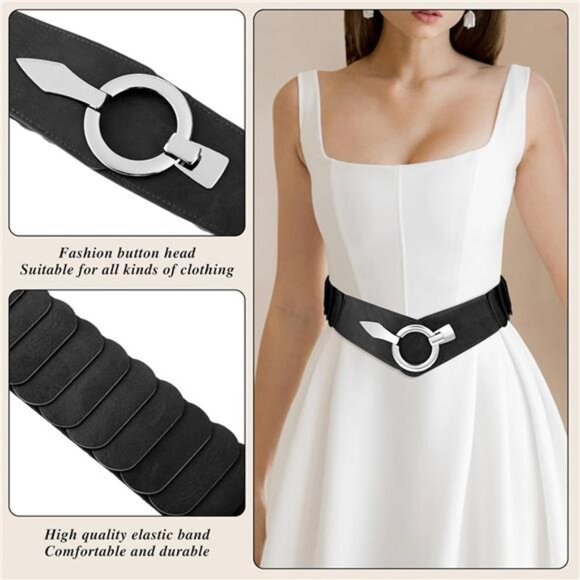 Vintage Wide Elastic Belt for Women, PU Leather Stretchy Waist Belt Retro Cinch - Picture 4 of 8